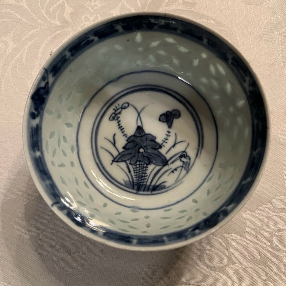 Two Porcelain Blue and White Rice grain Bowl with Bat and Lotus plant symbol. - Picture 8 of 13